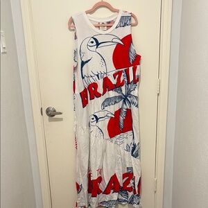 White and Red Brazil Graphic Maxi Dress